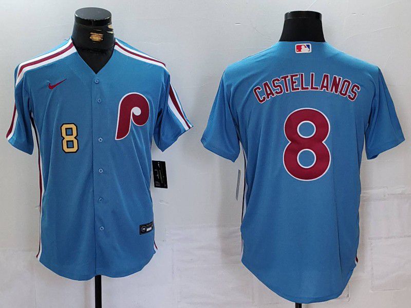 Men Philadelphia Phillies #8 Castellanos Blue Throwback 2024 Nike MLB Jersey style 2